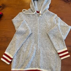 Gray Hooded Cardigan with Red Accents